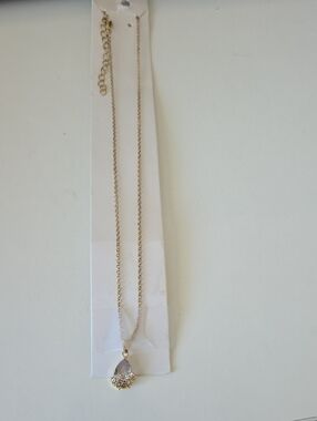 Gold Tone Chain Necklace with Teardrop Crystal Pendant - Women Jewelry